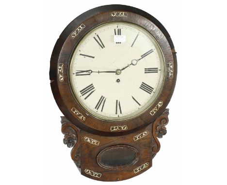 Rosewood 12" drop dial wall clock,&nbsp;within a flat canted surround inlaid with foliate mother of pearl repeating motifs, o