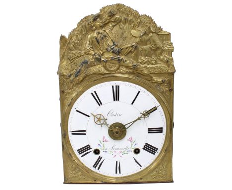 French Comptoise two train wall clock with alarm, the 8.25" white convex dial signed Oudin á Avrainville, painted with sprays