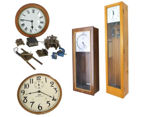 Gents of Leicester small master wall clock, the 8" square white dial within a glazed light oak case, 50.75" high (pendulum); 