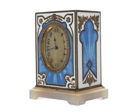Very fine Swiss miniature blue guilloche&nbsp;and white enamel silver cased clock timepiece, the silver back with three slidi