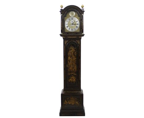 Black lacquered and chinoiserie decorated eight day longcase clock with five pillar movement, the 12" brass arched dial signe