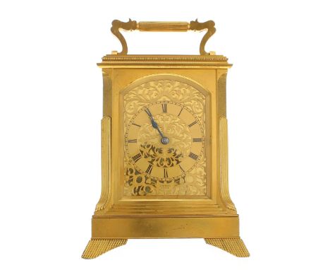 Fine English ormolu giant double fusee repeating carriage clock in the manner of Dent, the 3.25" gilt chapter ring within a p