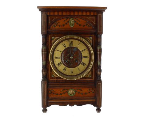 Attractive&nbsp;oak inlaid Arts &amp; Crafts two train mantel clock striking on a gong,&nbsp;the 5.25" brass chapter ring enc