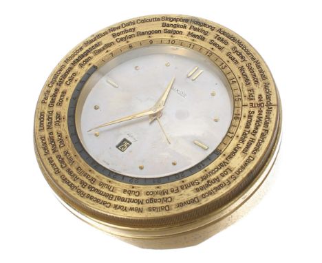 Luxor world time desk clock retailed by Asprey, the 2.75" silvered dial signed Luxor, Asprey, with subsidiary calendar apertu