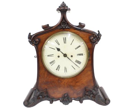 Mahogany double fusee bracket clock in need of restoration, the 8" cream dial within a wavy case with applied foliate carved 