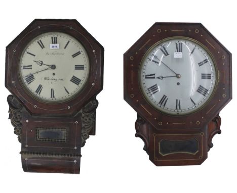 Mahogany single fusee 12" convex drop dial wall clock within an octagonal surround; also a rosewood single fusee 12" drop dia