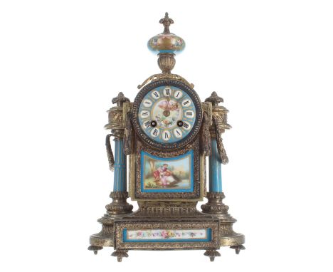 French ormolu and porcelain mounted two train small mantel clock, the Japy Freres movement signed Henry Marc, Paris, with out