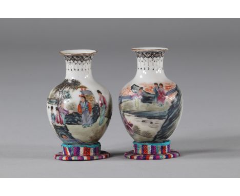 Pair of miniature porcelain vases with character decoration, Republic period China.Region: CHINASizes: H=70mm D=45mmWeight (K