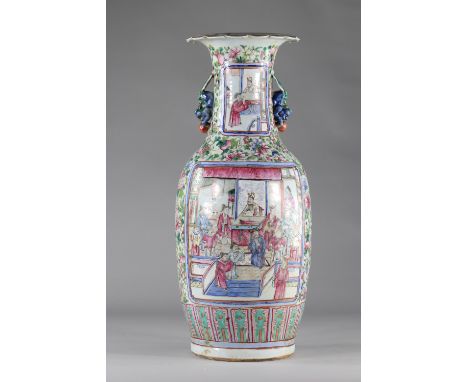 China large famille rose 19th century porcelain vase with characters decorationRegion: CHINASizes: H=610mm D=240mmWeight (K):