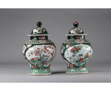 Pair of covered famille verte vases with vegetal decoration.Region: CHINASizes: H=340mm D=200mmWeight (K): 4.830kgState: Afte
