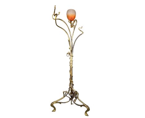 Victor Horta (attributed to) Imposing living room lamp with vegetable base in bronze. "added bobeche, originally gas-mounted"