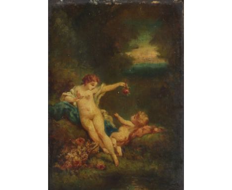 Oil on panel "naked young woman and angel" 19thSizes: Cadre H=390mm L=320mm Panneau H=200mm L=150mmWeight (K): 1.850kgState: 