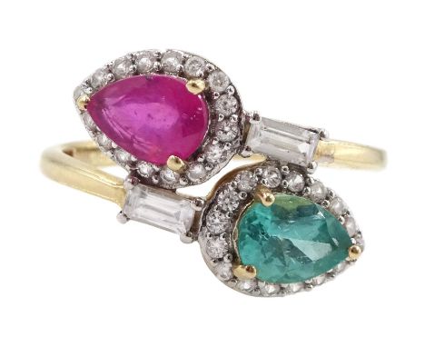 9ct gold apatite, ruby and white zircon crossover ring, hallmarkedCondition Report:Approx 3.15gm, size R-S, good condition