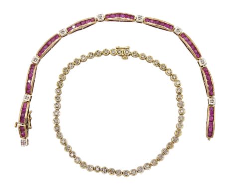 Gold diamond chip bracelet and a gold ruby and diamond chip bracelet, both 9ctCondition Report:Approx 13.1gm, diamond line 21