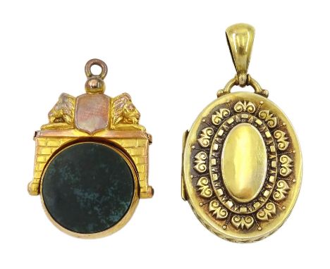 Victorian 9ct gold gate with lion head design, bloodstone and agate swivel fob, hallmarked and a Victorian gold locket pendan