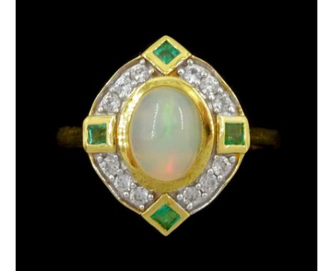 Silver-gilt opal, emerald and white zircon cluster ring, stamped 925Condition Report:Size T, head = 18.5mm x 15.5mm, good con