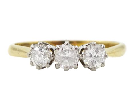 18ct gold three stone round cut diamond ring, stamped , total diamond weight approx 0.70 caratCondition Report:Approx 2.95gm,