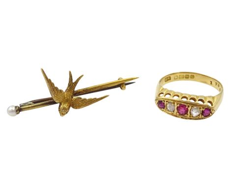 Early 20th century 18ct gold five stone ruby and rose cut diamond ring, Birmingham 1919 and a gold pearl swallow broochCondit