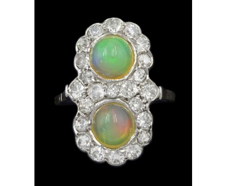 White gold two stone opal and old cut diamond dress ring, total opal wight 1.75 carat, total diamond weight 1.20 carat, with 