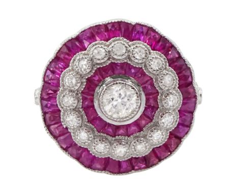 18ct white gold milgrain set round brilliant cut diamond and calibre cut ruby target ring, total diamond weight approx 1.00 c