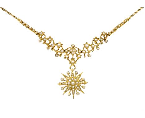 Edwardian 15ct gold split seed pearl necklace, the central heart suspending a detachable 18ct gold star pendant/brooch, to a 