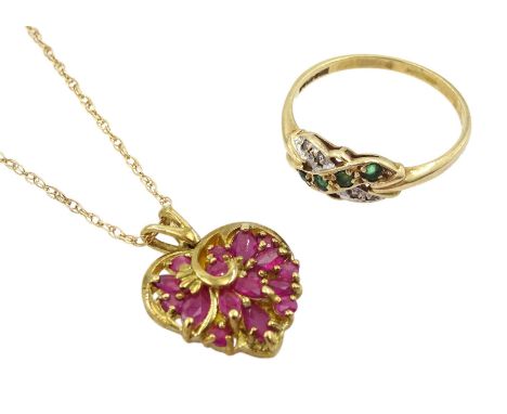 Gold ruby heart shaped pendant necklace and a gold emerald and diamond ring, both 9ctCondition Report:Approx 5.4gm, ring size