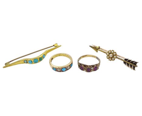 Victorian and later gold jewellery including turquoise brooch, five stone turquoise and pearl ring, 15ct gold garnet and pear