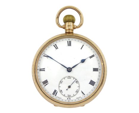Early 20th century 9ct gold open face keyless Swiss lever pocket watch, white enamel dial with Roman numerals and subsidiary 