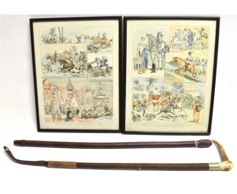 'ENGLISH OFFICERS ABROAD - FOX HUNTING IN EGYPT' a pair of humorous colour prints, 34 x 26cm; together with a hunting crop wi