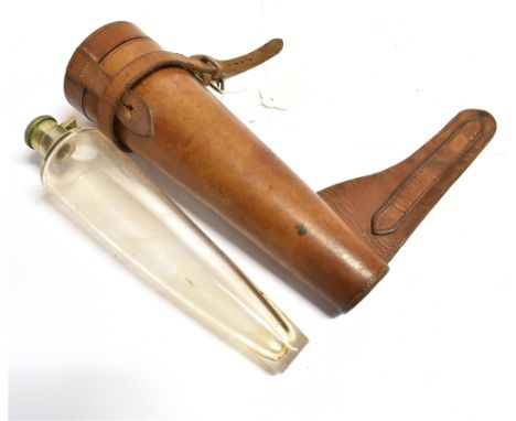 A TAPERED GLASS FLASK with plated flip top by Swaine &amp; Adeney Ltd, London, in leather holder for saddle mounting, 26cm