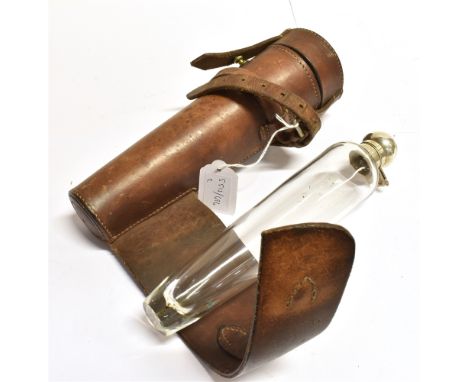 S513-696 A TAPERED GLASS FLASK with plated flip top in leather holder for saddle mounting, 26cm