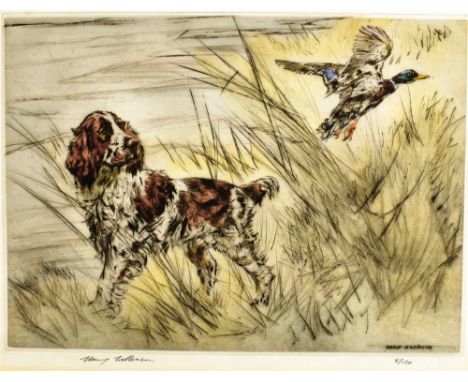 AFTER HENRY WILKINSON (1921-2011)  landscape study of a couple of hounds working, limited edition 56/100 coloured etching, si