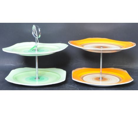Two vintage 20th Century Art Deco Shelley hand painted two tier ceramic cake stands with one finished in with green bands and