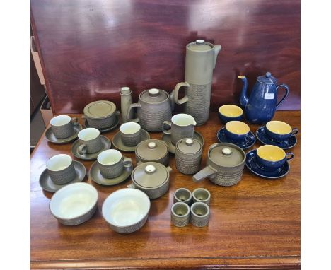 Vintage Denby Chevron stonewares to include coffee pot, teapot, soup bowls, egg cups, etc.  27 pieces in total and a quantity