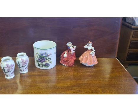 Arthur Wood floral planter, 2 Portmeirion Botanical Garden vases, Royal Doulton lady Autumn Breeze and Coalport lady Flora.