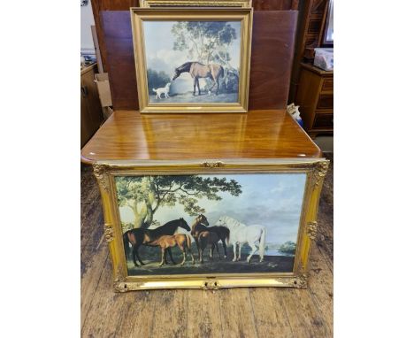 Modern George Stubbs gilt framed print Bay Horse and White Dog together with a larger George Stubbs print of horses.