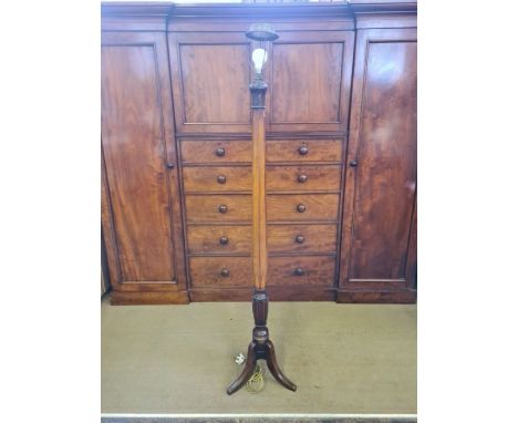 Mahogany inlaid standard lamp on tripod base with feathered carved column base.
