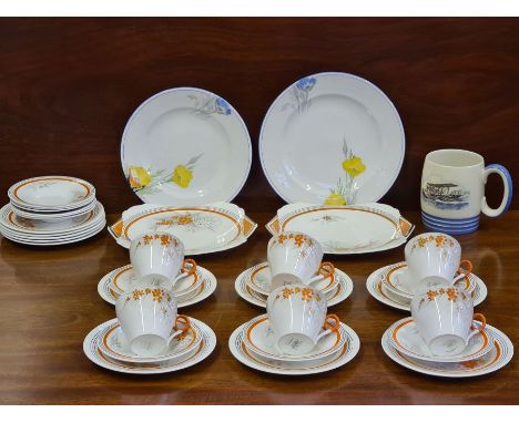 Shelley Scarlet Spurge tea service comprising 6 cups, 12 saucers, 12 plates, 2 cake plates together with 2 floral decorated S