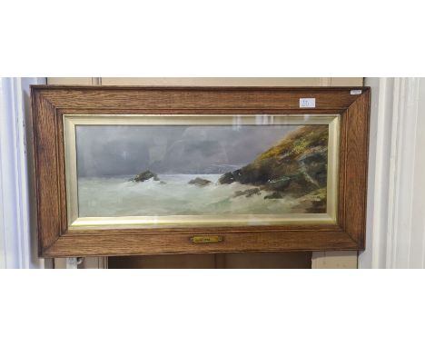 Framed oil on board St. Ives by G. Shaw, rocky seascape, 22cm x 61cm.
