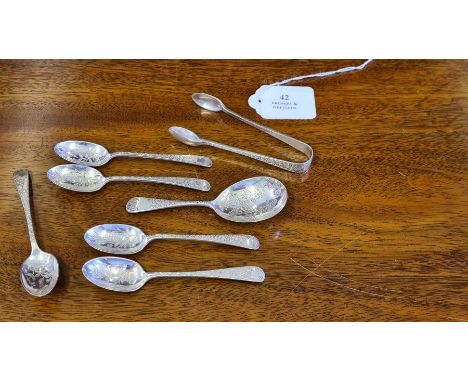 A set of 5 bright cut and chased jam spoons with matching sugar nips by John Round, Sheffield, together with a Victorian silv