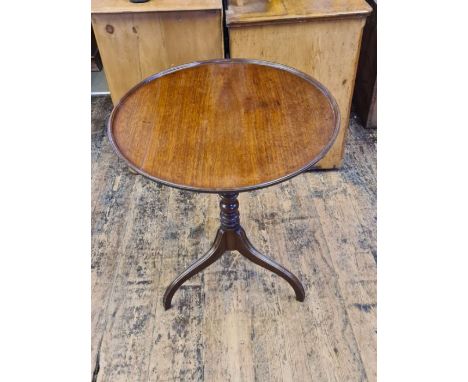 Georgian mahogany dish snap top occasional table with turned column and tripod leg base.