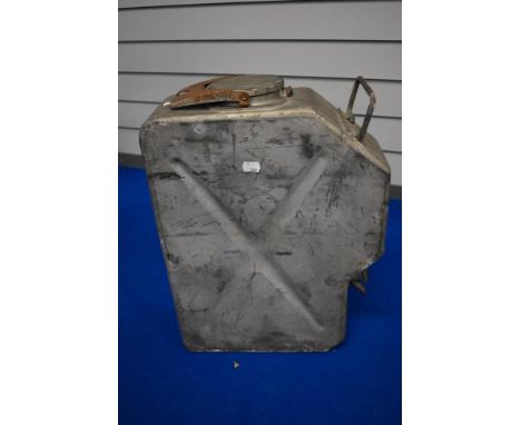 A large vintage jerry can with tap towards base, having handle, indistinctly marked to side with 'WWAEC'.