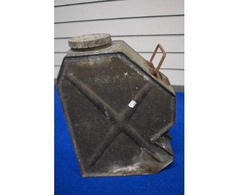 A large vintage jerry can with tap towards base, having handle, 1943 dated, initialled M &amp; G, probably military.