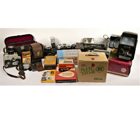 A collection of vintage tech, to include a sewing machine, massage gun, nail dryer, cameras, film slicers, film viewers, vide