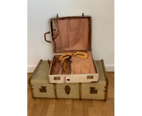 A white fabric luggage holder with leather hardware, fitted interior, complete with hangers, also including a large trunk (2)