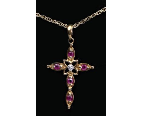 A 9ct gold ruby and diamond cross pendant, 22mm, chain, 1.7gm 
