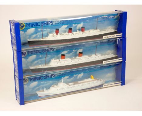 Three Minic Ships by Hornby, 1:12000 scale, RMS Canberra, RMS Queen Elizabeth and RMS Queen Mary, original boxes 