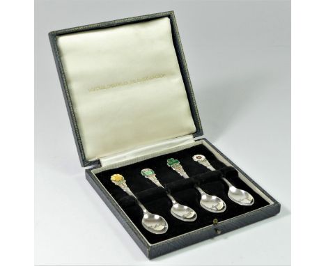 A silver and enamel set of National Emblems of the United Kingdom tea spoons, Birmingham 1985, 33gm, case 