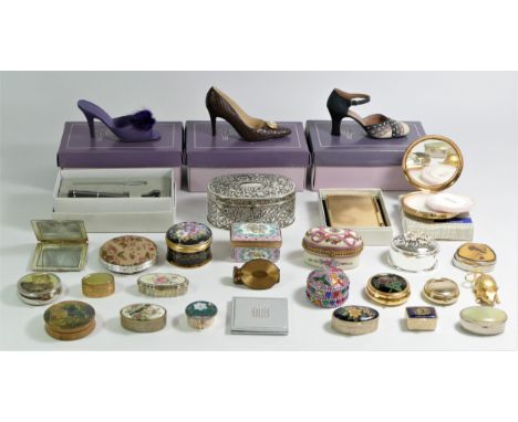 A collection of accessories, enamel, china, onyx and metal pill boxes, a Stratton gold coloured boxed note case with pen 9cm 