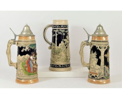 Three German steins to include, two Original Thewalt with electroplate lids 31cm and another unmarked 27cm, all depicting tra